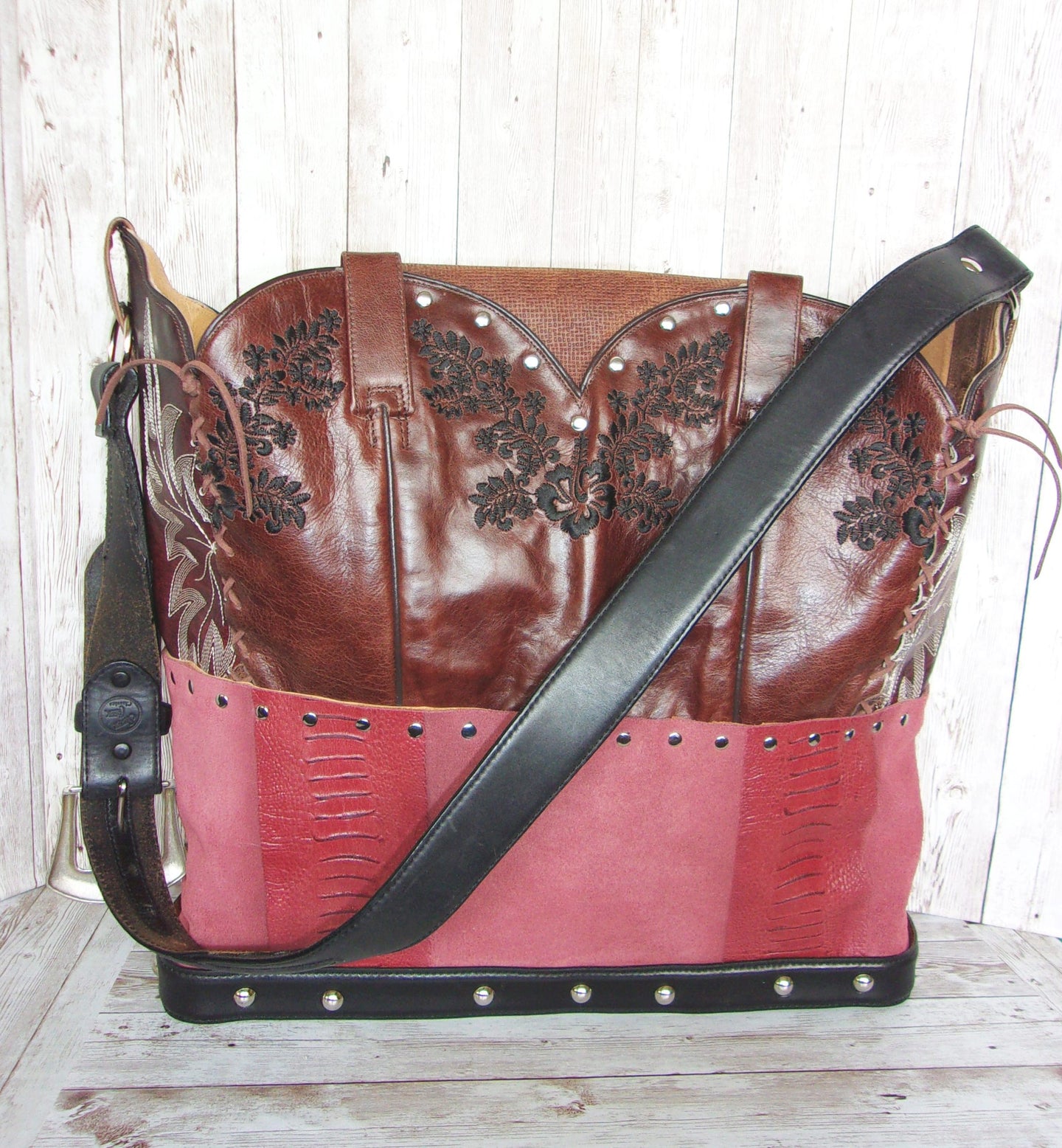 Cowboy Boot Laptop Tote LT35 handcrafted from cowboy boots. Shop Handbags at ChrisThompsonBags.com and buy the best boot purse, cowboy boot purse, cowgirl handbag, leather laptop tote, recycled cowboy boots, unique gift for her, unique gift for him, unique travel bag, western diaper bag, western laptop tote, western travel bag, XL cowboy Boot Purse, XL leather tote at Chris Thompson Bags.